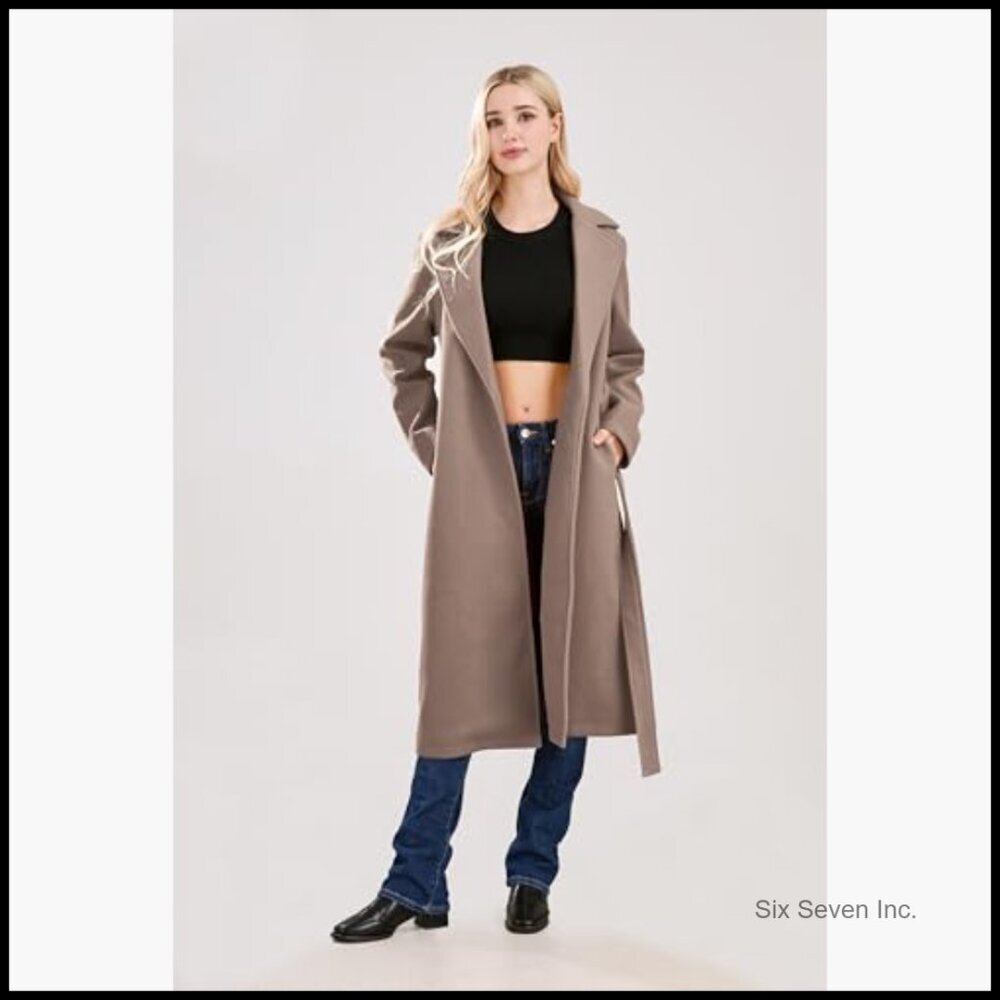 Long Wool Pea Coat with Notched Collar and Belt, Woolen Blend Trench - Picture 5 of 7
